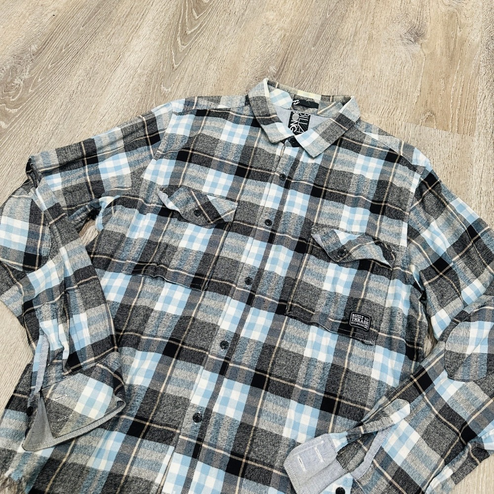 Billabong Shirt Mens XL Built To Thrash Plaid Shirt Blue Grey Raw Hemmed Flannel